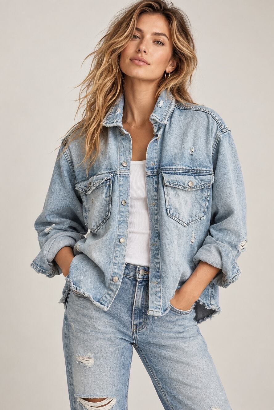 Zara Distressed Denim Jacket Light Wash XS Oversized